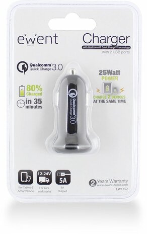 EW1352 Quick Charge 3.0 Charger (12 - 24 Volt auto naar 2 x USB, 5 Volt, 5 A)