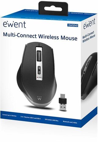 Multi-Connect Wireless Mouse (tot 3 apparaten, USB en USB-C ontvanger, BlueTooth en 2,4 GHz)