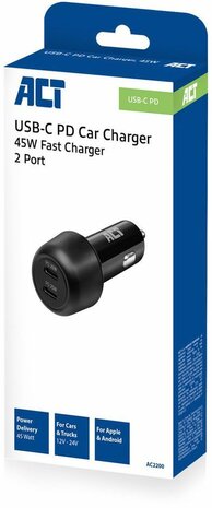 AC2200 USB-C PD Car Charger (45 Watt, Fast Charger, 2 poorten)