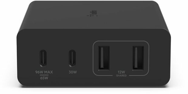 Boost Charge Pro Power adapter (GaN technology, 108 Watt, fast charge, PD 3.0, 4 output connectors 2 x USB, 2 x USB-C, zwart)