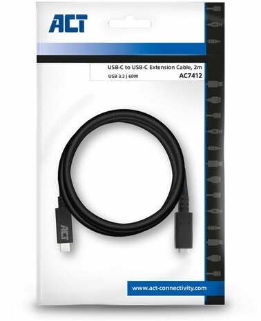 USB-C M/F Verlengkabel (2 m, USB 3.2, 60 Watt, zwart)