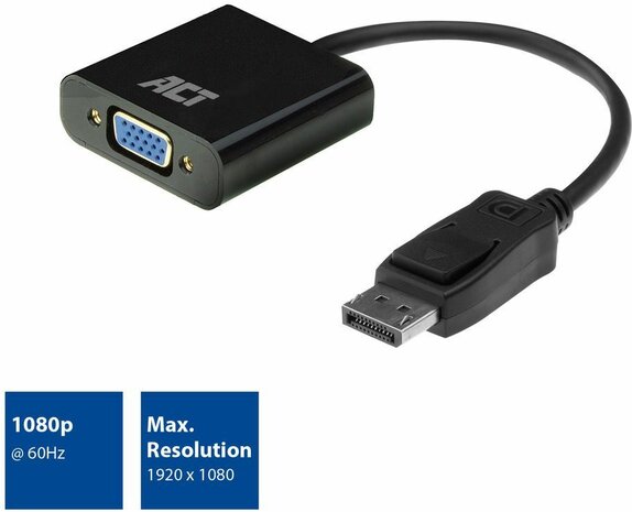 Adapterkabel : DisplayPort M naar HD-15 VGA F (15 cm, 1080p support 60 Hz, zwart)