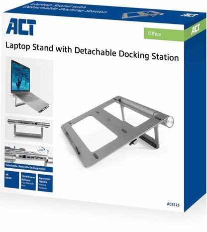 Laptop stand met docking station (1 x HDMI, Gigabit Ethernet, 2 x USB-A 3.2 , 2 x USB-C, PD Pass-through, card-reader, aluminium)