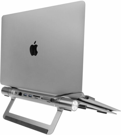 Laptop stand met docking station (1 x HDMI, Gigabit Ethernet, 2 x USB-A 3.2 , 2 x USB-C, PD Pass-through, card-reader, aluminium)