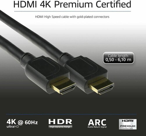 AK3942 Premium High Speed HDMI-kabel met Ethernet M/M (1 m, shielded, 4K support, zwart)