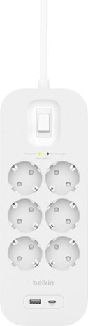 Connect Surge protector (met USB-A en USB-C poort, 6 output connectors, 2 meter)