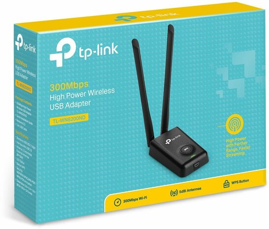 TL-WN8200ND 300 Mbps High Power Wireless USB Adapter (tot 500 mw, 2 x 5 dBi afneembare RP-SMA antennes)