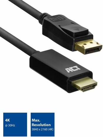 Adapterkabel : DisplayPort M naar HDMI M (1,8 m, zwart, 4K 30Hz 3840 x 2160 support)