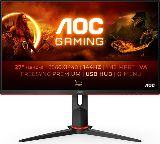 Q27G2U/BK IPS 27&quot;, QHD, AMD FreeSync, 144 Hz, 1 ms, 2560 x 1400, DisplayPort, 2 x HDMI, 4 x USB 3.0, pivot, speakers, zwart/rood