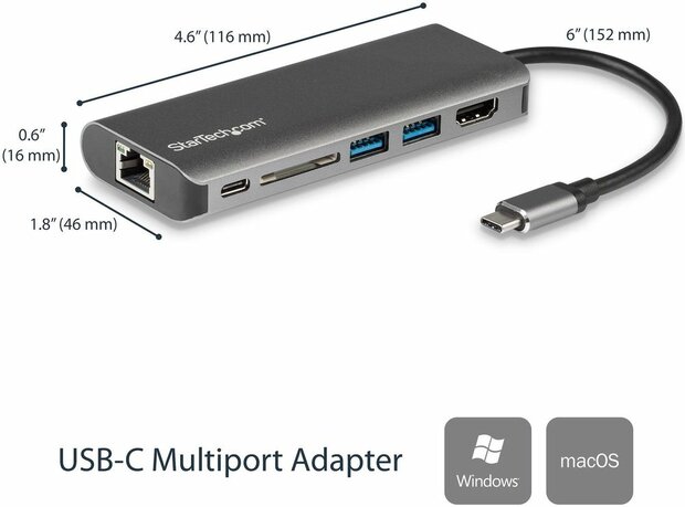 USB-C Multiport Adapter : SD card reader + 4K HDMI, GBLAN en 2 x USB 3.0