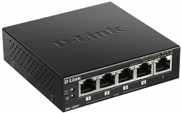 DGS-1005P Switch (5 x 10/100/1000, 4 PoE+, 60 Watt)