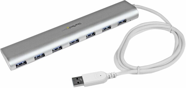 7 Poort Compact USB 3.0 Hub met ingebouwde kabel (aluminum USB Hub, zilver, Apple Stijl, USB 3 Hub, perfect voor MacBook, stevig design, inclusief stroomadapter, lichtgewicht)