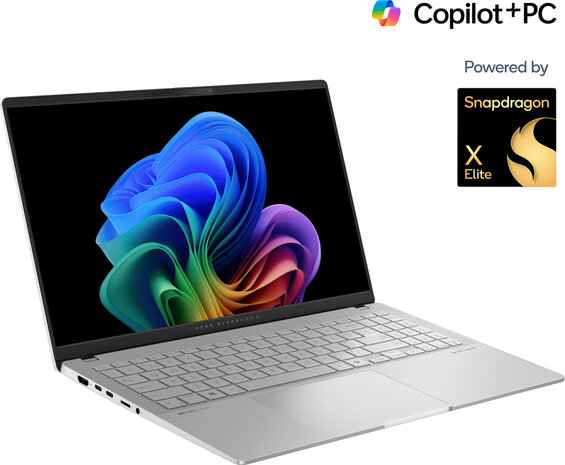 Vivobook S 15 OLED (15,6&quot; 3K OLED, Snapdragon X Elite X1E AI, 16 GB RAM, 1000 GB NVMe PCIe SSD, Qualcomm Adreno Graphics, Windows 11 Copilot, zilver, Azerty)