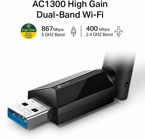 ARCHER T3U PLUS AC1300 High Gain Wi-Fi Dual Band USB Adapter (867 Mbps + 400 Mbps, High Gain External Antenna, MU-MIMO)