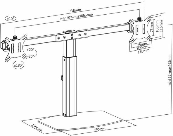 Monitor desk stand (gas spring, 2 schermen)