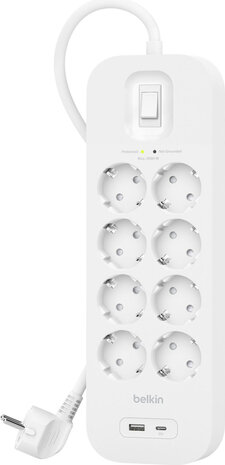 Connect Surge protector (met USB-A en USB-C poort, 8 output connectors, 2 meter)