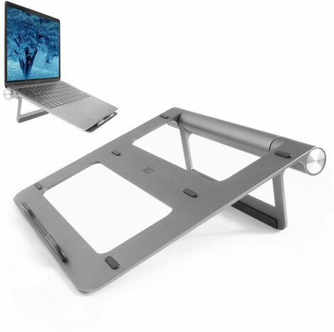 Laptop stand met docking station (1 x HDMI, Gigabit Ethernet, 2 x USB-A 3.2 , 2 x USB-C, PD Pass-through, card-reader, aluminium)