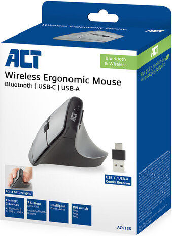 AC5155 Wireless Ergonomic Mouse (BlueTooth en draadloos, USB-A en USB-C ontvanger)