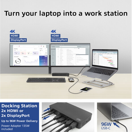 USB-C Docking Station 4K (voor 2 HDMI of DisplayPort monitors, DisplayLink)