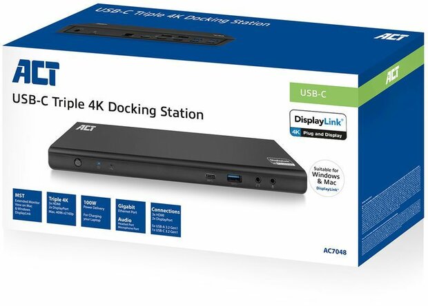 AC7048 Docking DisplayLink 4K (USB-C, 3 x HDMI, 2 x DisplayPort, Gigabit Ethernet, 5 x USB-A 3.2, 2 x USB-C, audio in-out, 135 Watt power supply)