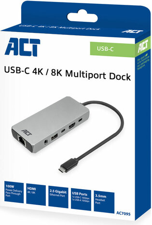 USB-C 4K / 8K 60 Hz Dockingstation (1 HDMI, 2.5 Gigabit Ethernet, USB-C 10 Gbps, USB-A 10 Gbps, 3,5 mm audio, PD pass-through)