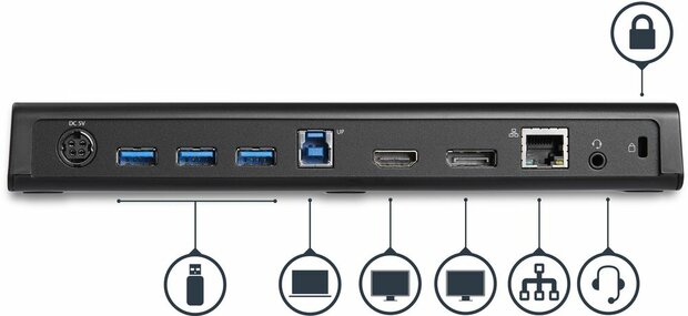 Universal USB 3.0 4K Laptop Docking Station (4K DisplayPort, USB Fast-Charge poort, USB 3.0 Hub, GBLAN, DisplayPort, HDMI)