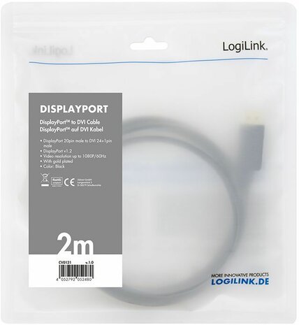 DisplayPort naar DVI-kabel M/M (24+1 pin, 3 m, zwart)