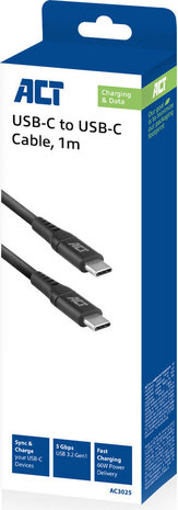 USB-C naar USC-C M/M kabel (1 meter, sync &amp; charge, 60 Watt power delivery, zwart)