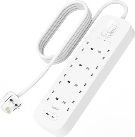 Connect Surge protector (met 2 USB-C poorten, 8 output connectors, 2 meter kabel)