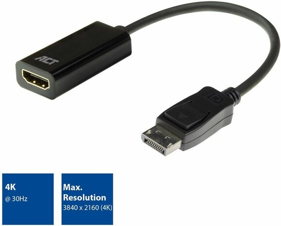 Adapterkabel : DisplayPort M naar HDMI F (15 cm, zwart, 4K 30 Hz 3840 x 2160 support)