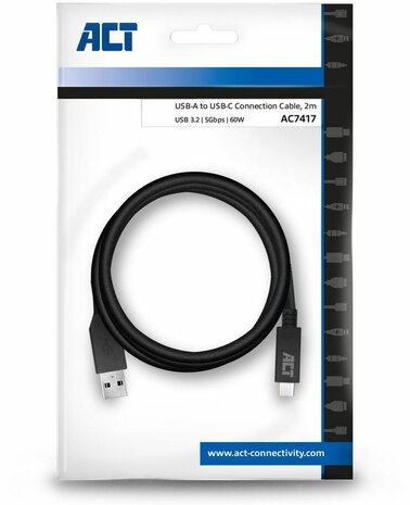 USB-A M naar USB-C M kabel (2 m, USB 3.2, 60 Watt, zwart)