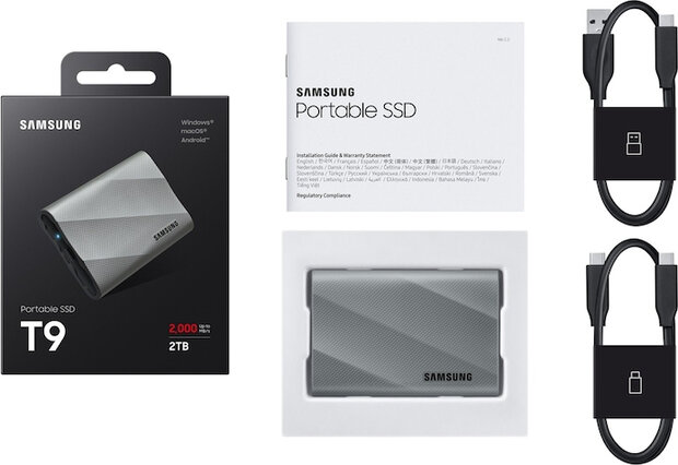 2000 GB MU-PK2T0G/WW T9 SSD (USB 3.2 Gen 2x2, USB-C connector, 256-bit AES, grijs)