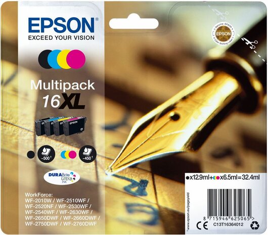 T1636 inkjetcartridges 16XL multipack (zwart, cyaan, geel en magenta)