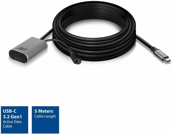 USB-C verlengkabel M/F (USB 3.2 Gen 1, 5 m, active, signal booster, zwart)