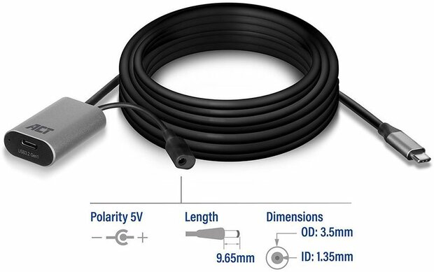 USB-C verlengkabel M/F (USB 3.2 Gen 1, 5 m, active, signal booster, zwart)