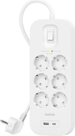 Connect Surge protector (met USB-A en USB-C poort, 6 output connectors, 2 meter)