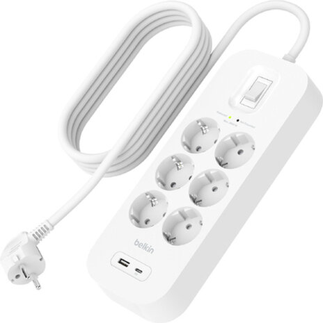 Connect Surge protector (met USB-A en USB-C poort, 6 output connectors, 2 meter)