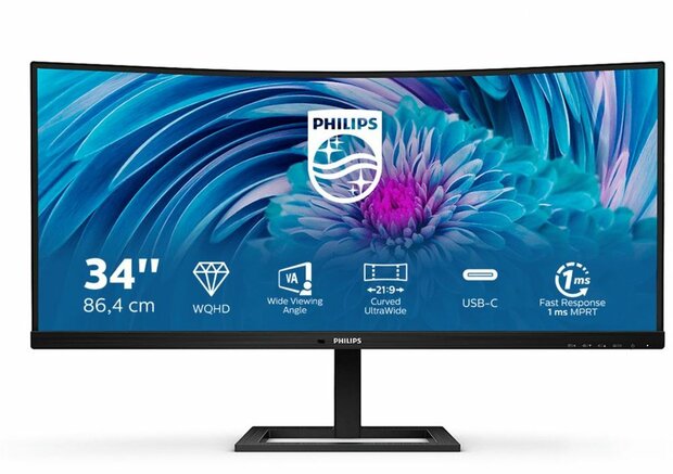 346E2CUAE/00 UWQHD Curved 34&quot;, VA, 3440 x 1440, 100 Hz, 1 ms, USB-C, 4 x USB 3.2, DisplayPort, HDMI, speakers, in hoogte verstelbaar