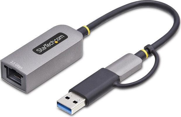 U2GA-USB-C-ETHERNET 2.5GbE USB-C naar Ethernet Adapter (met USB-A converter, USB-C 3.2 Gen 1, Thunderbolt 3, 10M/100M/1G/2.5 Gigabit Ethernet, grijs)