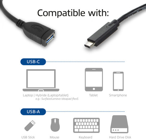 USB adapter : USB-C M naar USB A F (USB 3.2 Gen 1 On-The-Go, 20 cm, zwart)